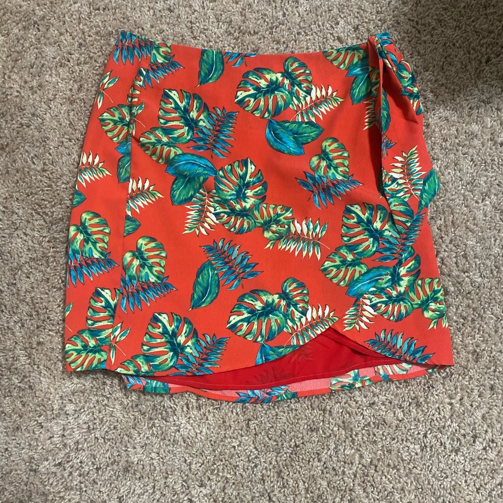 Tropical Leaf Wrap Skirt - Red